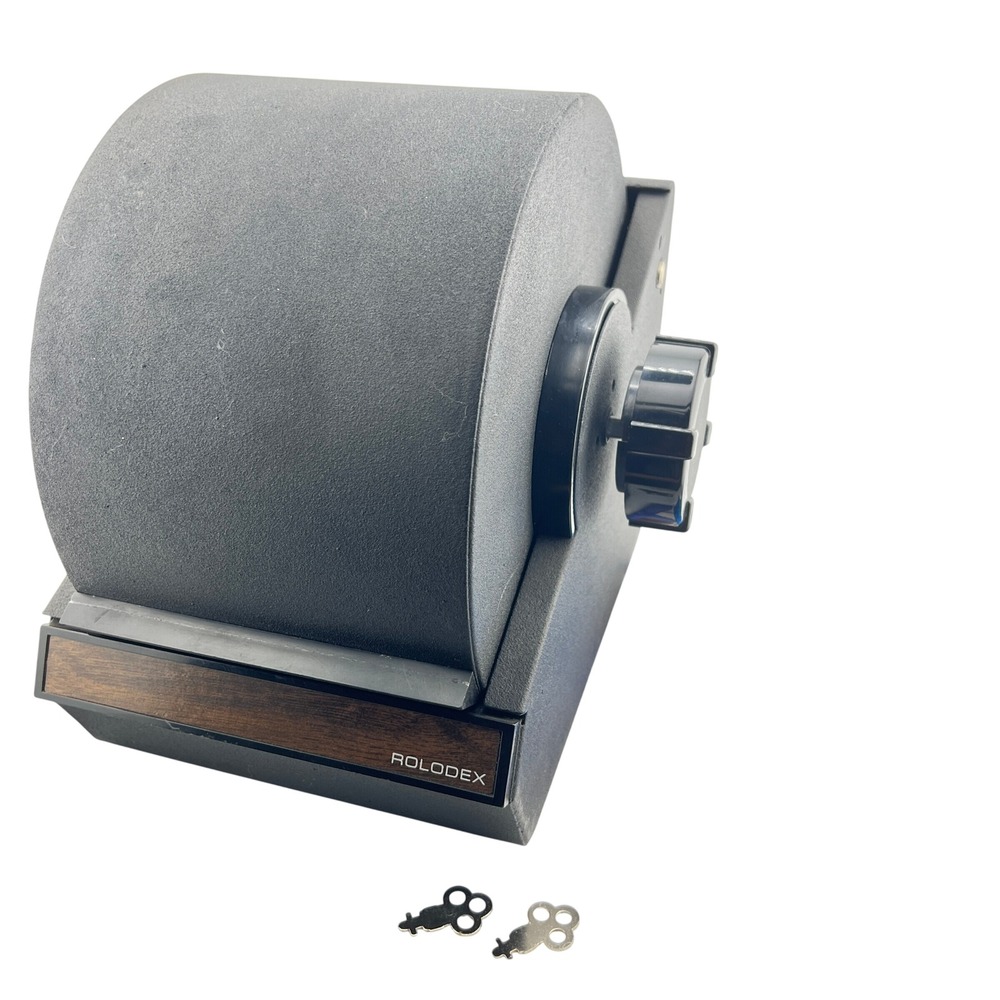 Rolodex 5350 Rotary Card File Lock Covered Wood Grain Vtg 80s Office Desk Gray